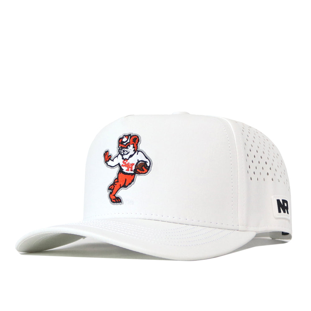 The No Rivals Sam Houston State Football Sammy Hat in white features a perforated back and a cartoon tiger mascot embroidered on the front. Made from performance fabric, this officially licensed cap includes a small black AR logo on the side of the bill and an adjustable snap back for a comfortable fit.