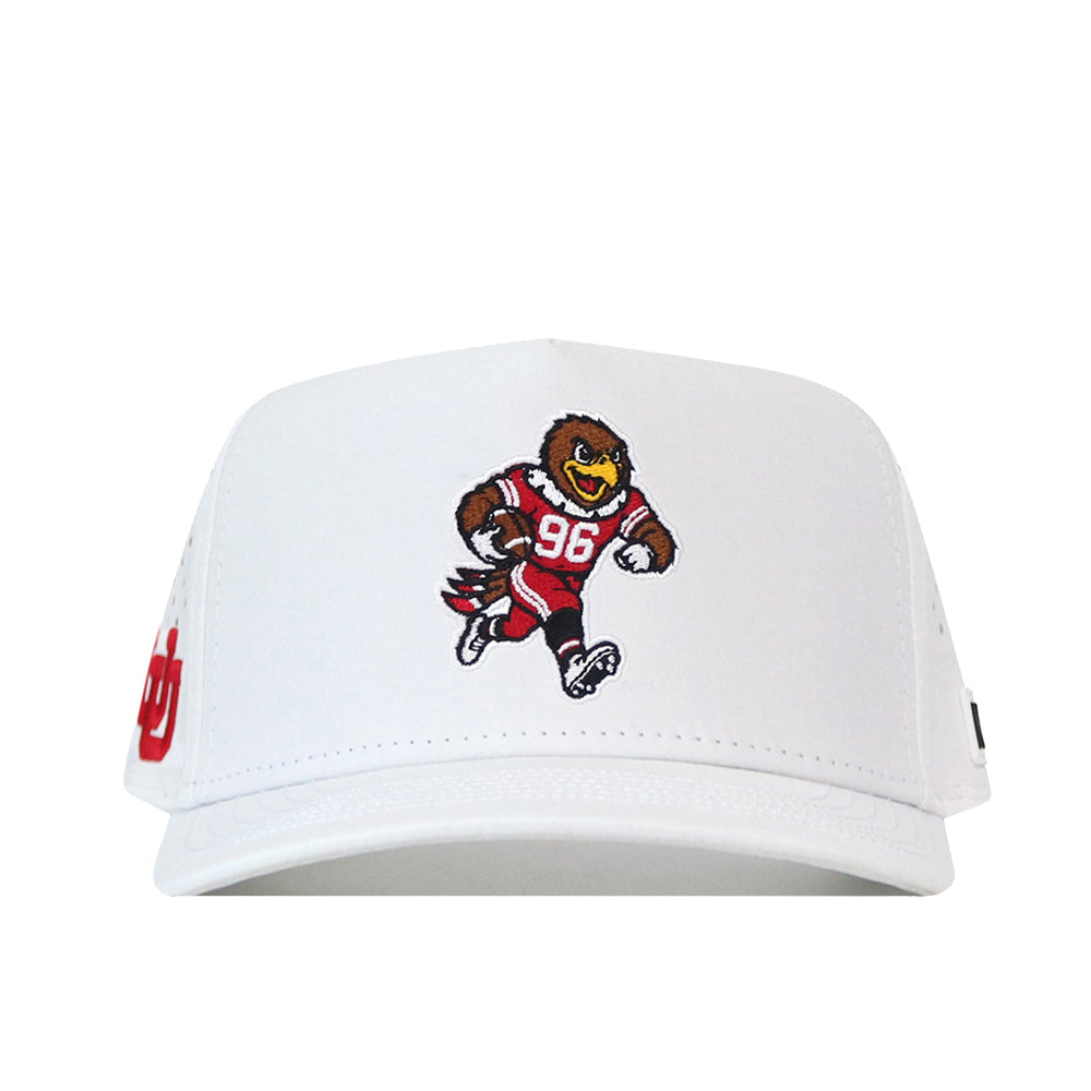 Introducing the Utah Utes Football Mascot Hat in White by No Rivals. This performance fabric cap showcases a cartoon bear mascot dressed in a red football uniform with the number 96 on the front. Featuring eye-catching red and black accents on the sides and a bold embroidered logo, it delivers lasting comfort, durability, and standout style for any fan.