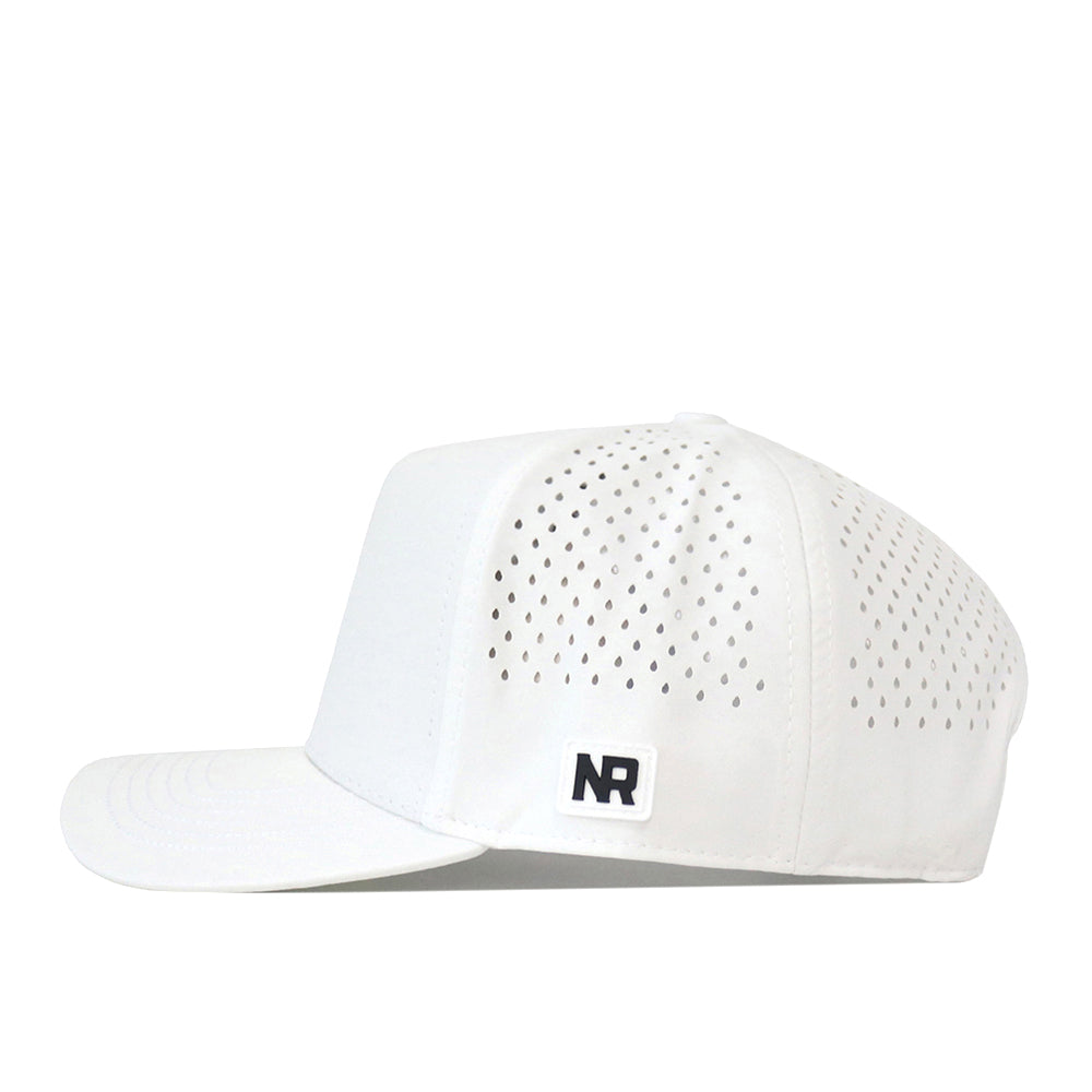 The Utah Utes Football Mascot Hat in white by No Rivals is made from performance fabric and features small ventilation holes on the side panels as well as a flat brim. An embroidered black and white No Rivals logo patch is placed on the side near the brim, while the snap back closure provides an adjustable fit. The cap is displayed against a plain white background.