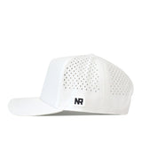 The Utah Utes Football Mascot Hat in white by No Rivals is made from performance fabric and features small ventilation holes on the side panels as well as a flat brim. An embroidered black and white No Rivals logo patch is placed on the side near the brim, while the snap back closure provides an adjustable fit. The cap is displayed against a plain white background.