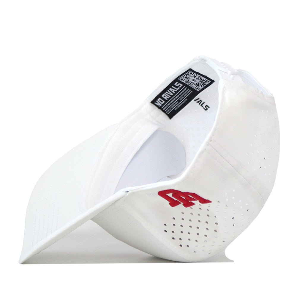 A white Utah Utes Football Mascot Hat by No Rivals is shown from the side and inside, highlighting ventilation holes, a black and white tag reading No Rivals, and red embroidered letters along the outer side. Crafted from performance fabric for enhanced comfort, this cap features an adjustable snap back closure and an embroidered logo that adds a sporty flair.
