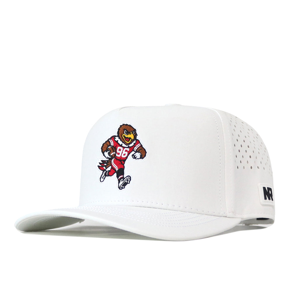 The Utah Utes Football Mascot Hat in white by No Rivals features an embroidered cartoon bear mascot in a red jersey with the number 96. Crafted from performance fabric, this cap includes small ventilation holes on the sides and a black NR logo embroidered on the band.