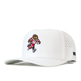 The Utah Utes Football Mascot Hat in white by No Rivals features an embroidered cartoon bear mascot in a red jersey with the number 96. Crafted from performance fabric, this cap includes small ventilation holes on the sides and a black NR logo embroidered on the band.