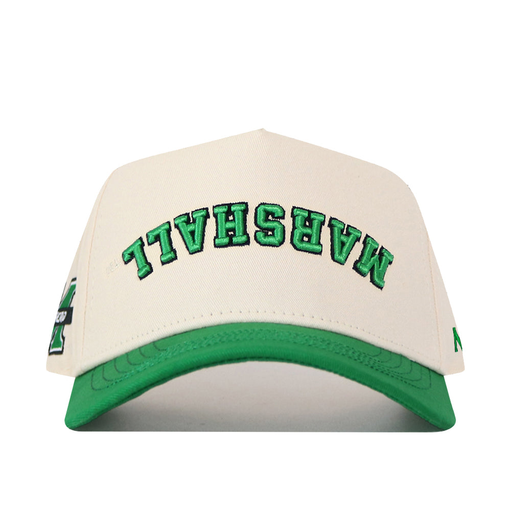 Show your team pride with the Upside Down Marshall Hat by No Rivals—an officially licensed Marshall Thundering Herd snapback baseball cap in beige and green, featuring MARSHALL embroidered upside down in green and black on the front.