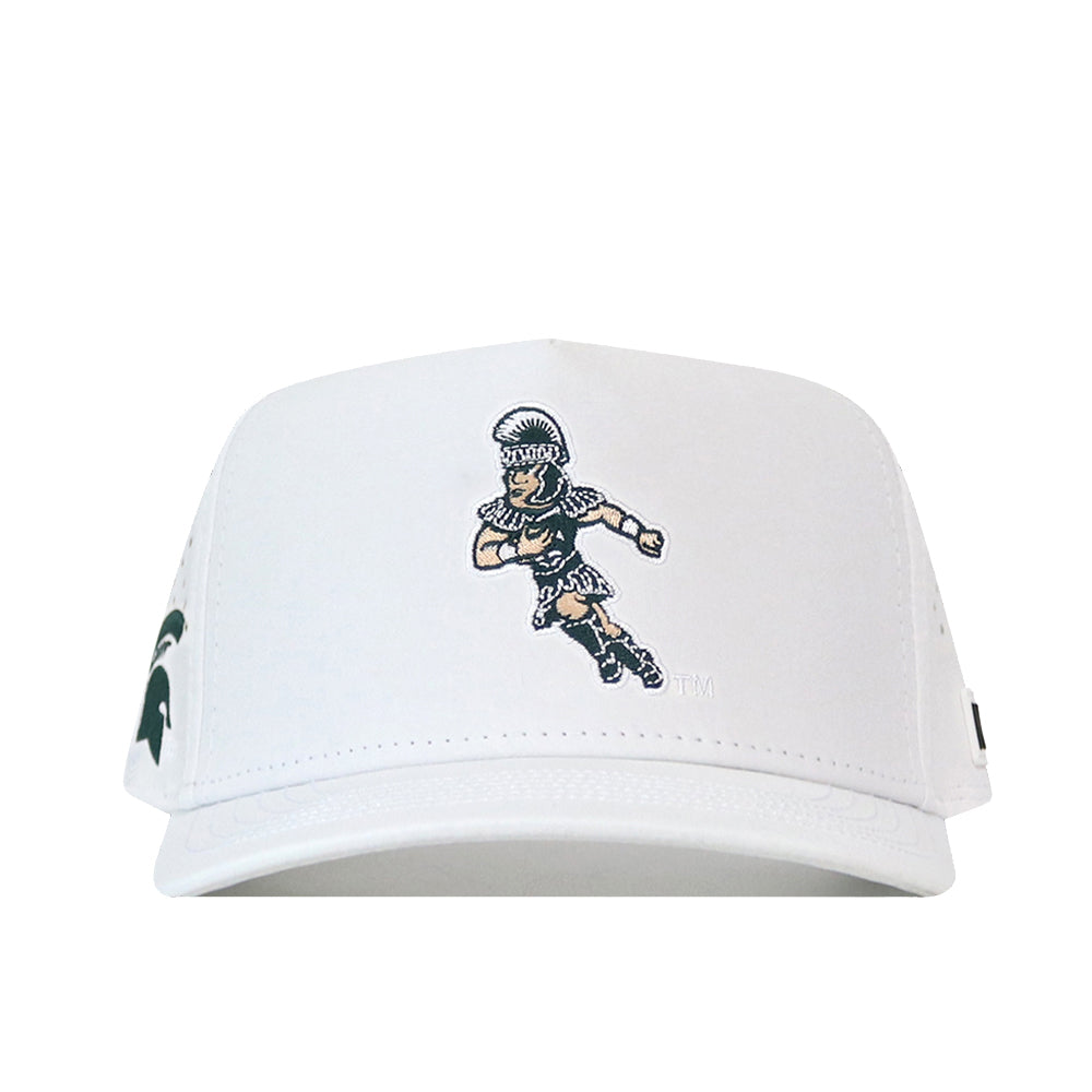 Show your Spartans pride with the Michigan State Spartans Football Mascot Hat in white by No Rivals. This officially licensed cap features an embroidered cartoon Spartan warrior in armor on the front and a partially visible green Spartan helmet logo on the left side, offering fans both style and authenticity for their game-day look.