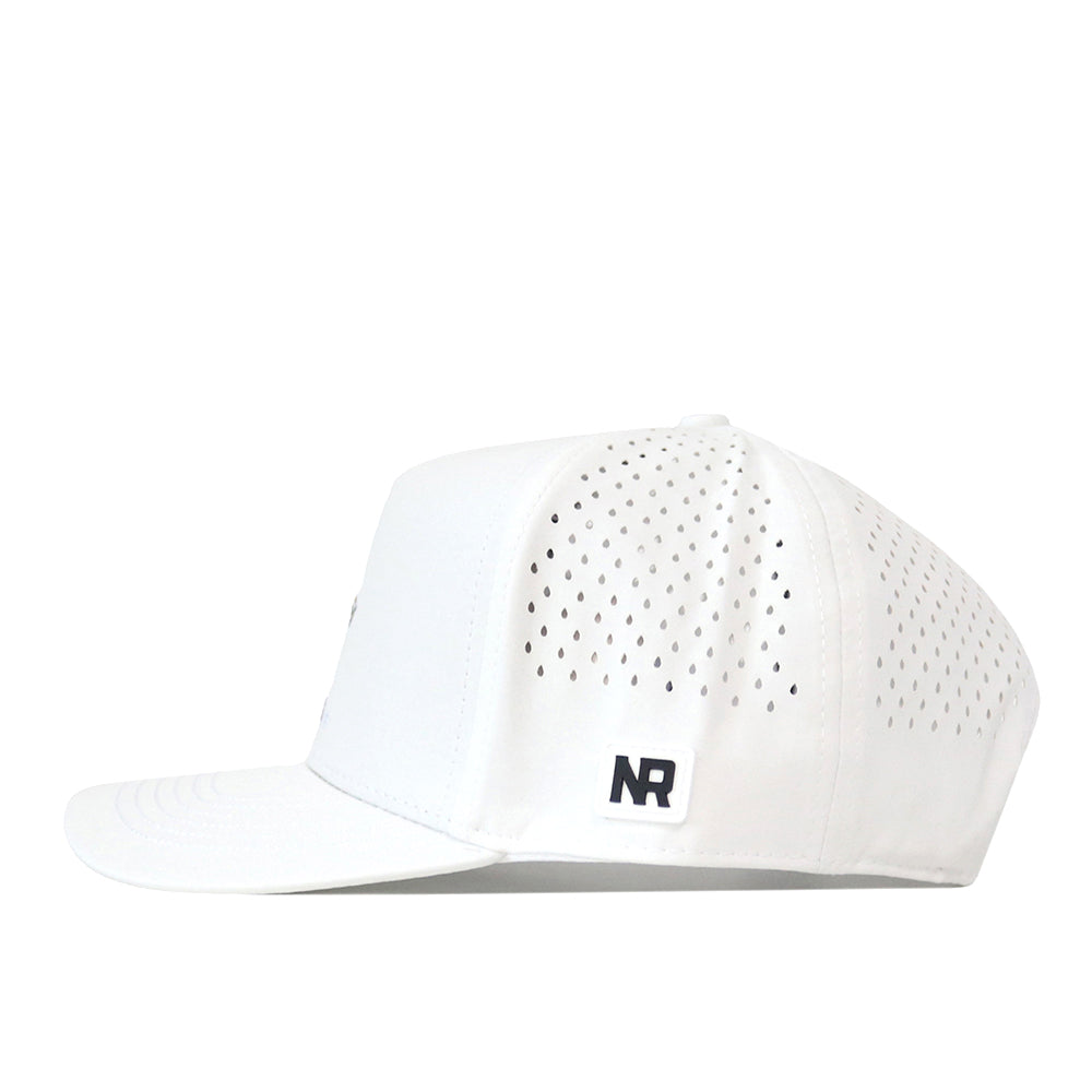 A white Michigan State Spartans Football Mascot Hat by No Rivals, crafted from performance fabric with small ventilation holes on the side and back panels. This officially licensed hat features “NR” in black letters on a small tag near the left side.
