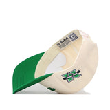 The Upside Down Marshall Hat by No Rivals is displayed upside down, showing a label with the “NO RIVALS” text and QR code inside. This officially licensed snapback features a beige crown, green bill, and green and black N logo on the front, making it an ideal choice for fans looking for a classic Marshall Thundering Herd style.