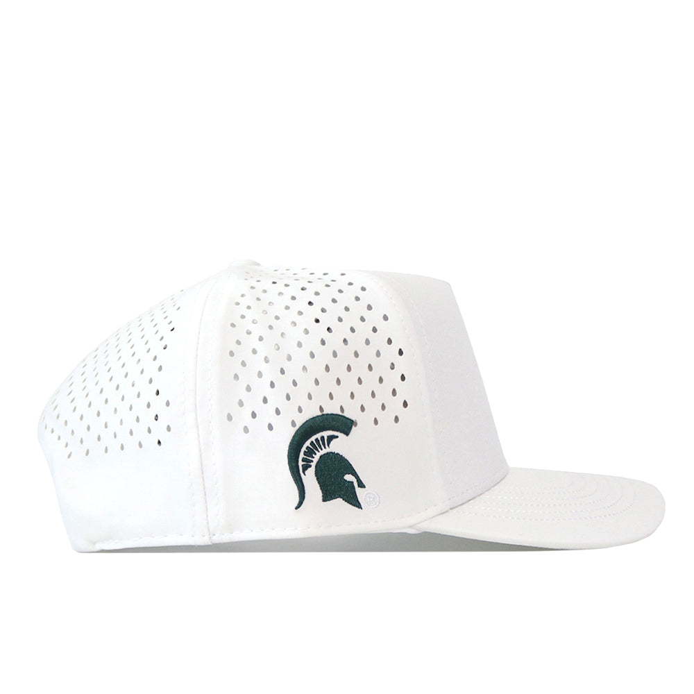 The Michigan State Spartans Football Mascot Hat - White by No Rivals is an officially licensed white baseball cap featuring ventilation holes and a green Spartan helmet logo embroidered on the side, shown here in side profile against a white background.