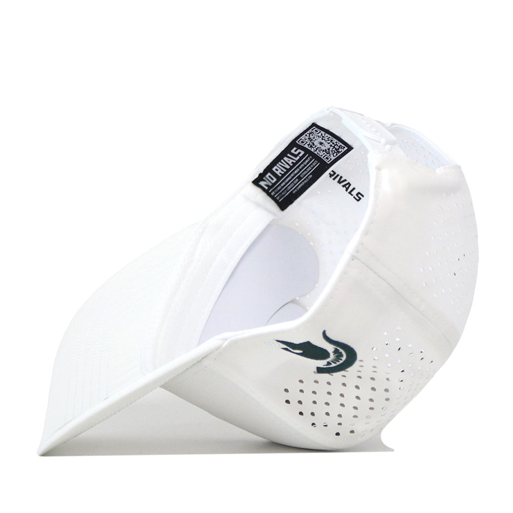 A white Michigan State Spartans Football Mascot Hat by No Rivals, featuring a curved brim, perforated performance fabric, an embroidered green alligator logo on the side, and a black No Rivals tag with a QR code on the inner band. This officially licensed hat is shown positioned sideways.