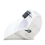 A white Michigan State Spartans Football Mascot Hat by No Rivals, featuring a curved brim, perforated performance fabric, an embroidered green alligator logo on the side, and a black No Rivals tag with a QR code on the inner band. This officially licensed hat is shown positioned sideways.