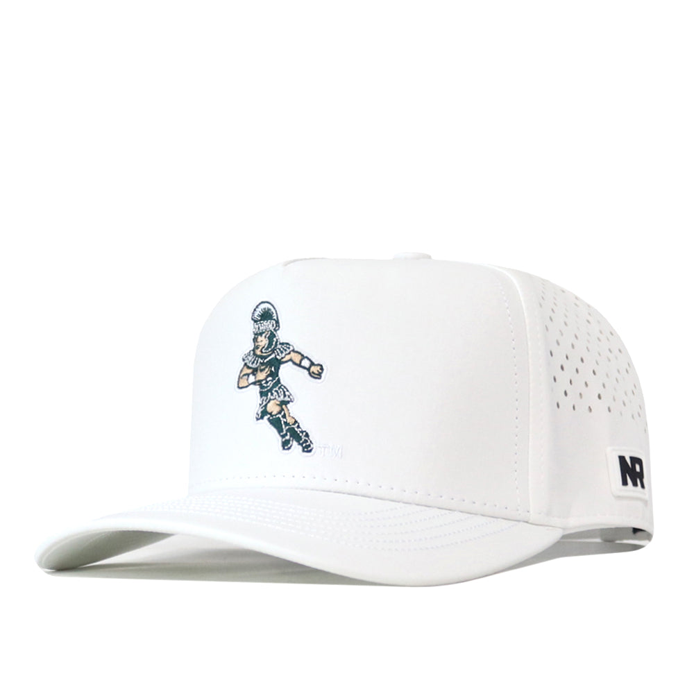 Sure! Here’s a rewritten sentence using your product data: The Michigan State Spartans Football Mascot Hat in white by No Rivals is an officially licensed performance hat featuring a small embroidered football player on the front, an NR logo patch on the side, and side ventilation holes for added comfort.