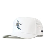 Sure! Here’s a rewritten sentence using your product data: The Michigan State Spartans Football Mascot Hat in white by No Rivals is an officially licensed performance hat featuring a small embroidered football player on the front, an NR logo patch on the side, and side ventilation holes for added comfort.