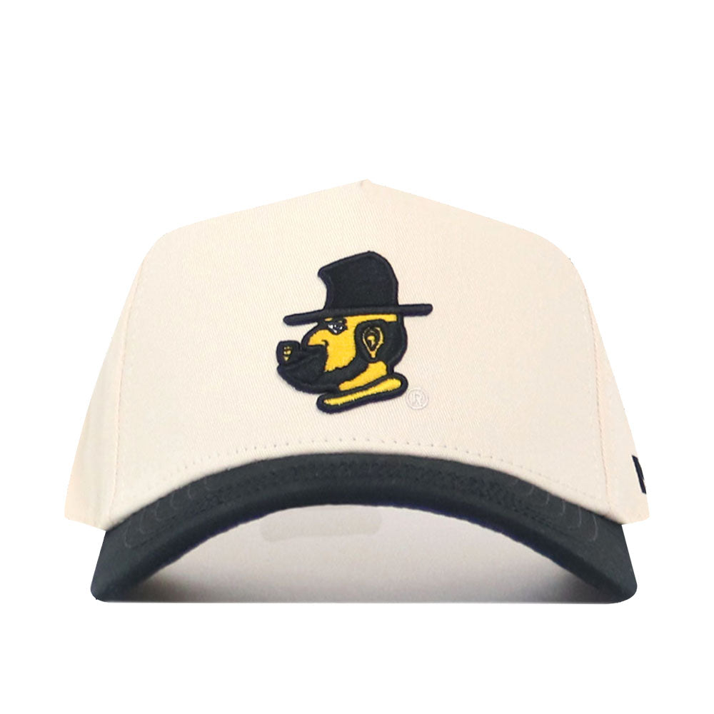 The No Rivals App State Logo Patch Hat - Yosef is a cream snapback with a black brim, featuring an officially licensed embroidered logo of Yosef wearing a black hat.
