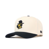 The No Rivals App State Logo Patch Hat - Yosef is a cream snapback with a black curved brim, featuring an embroidered dog in a black hat on the front and 'NR' stitched on the side, showcasing its bold logos.