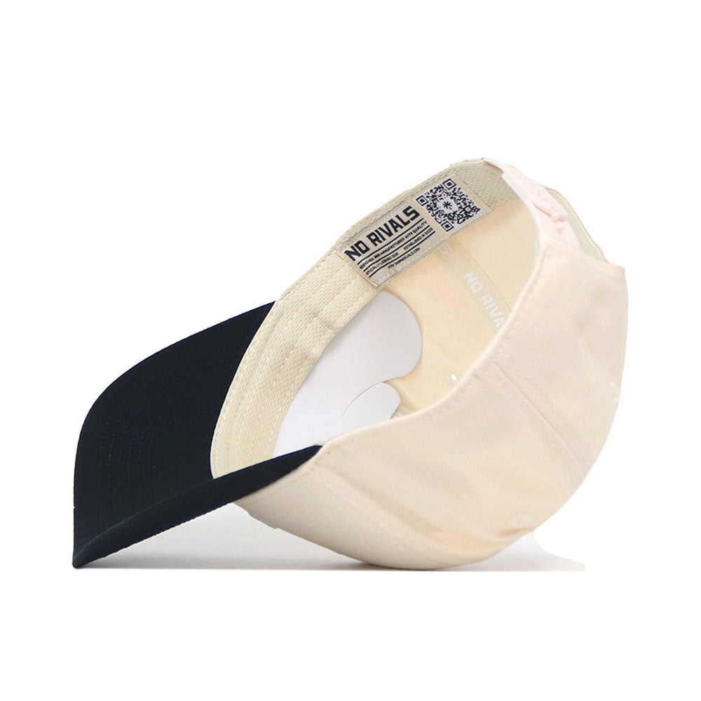 The App State Logo Patch Hat - Block A by No Rivals is shown inside out, revealing its beige and black colors, sweatband, inner lining, embroidered logos, a No Rivals label, and a QR code.