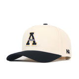 The No Rivals App State Logo Patch Hat - Block A features a cream snapback design, black curved brim, bold black A outlined in gold on the front, AR initials and embroidered logos on the side.