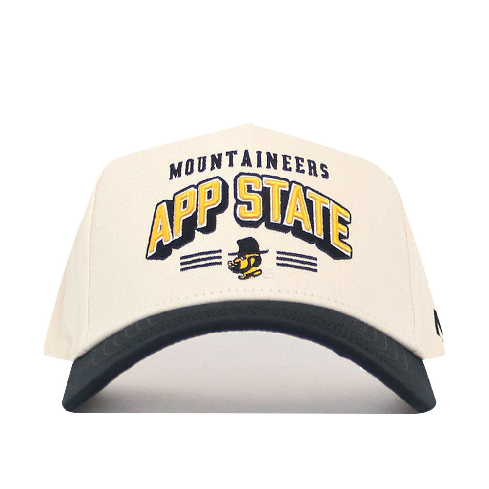 The No Rivals App State - Letterman Collection - 2 is a white snapback hat with a black brim, embroidered "Mountaineers APP STATE," and a cartoon mountaineer logo on the front. Officially licensed for true fans.