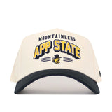 The No Rivals App State - Letterman Collection - 2 is a white snapback hat with a black brim, embroidered "Mountaineers APP STATE," and a cartoon mountaineer logo on the front. Officially licensed for true fans.