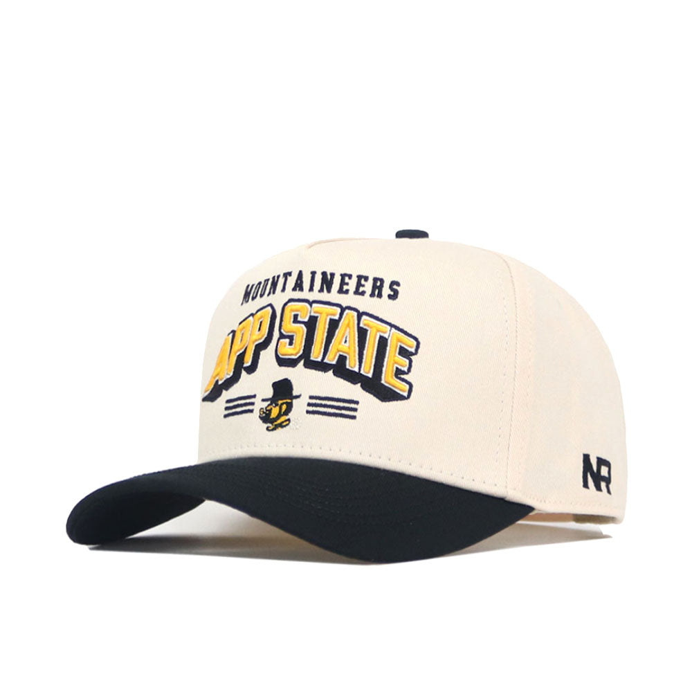 The No Rivals App State - Letterman Collection - 2 snapback hat features a cream and black design, Mountaineers App State text, an embroidered mascot on the front, and NR lettering on the side—an official cap perfect for fans.