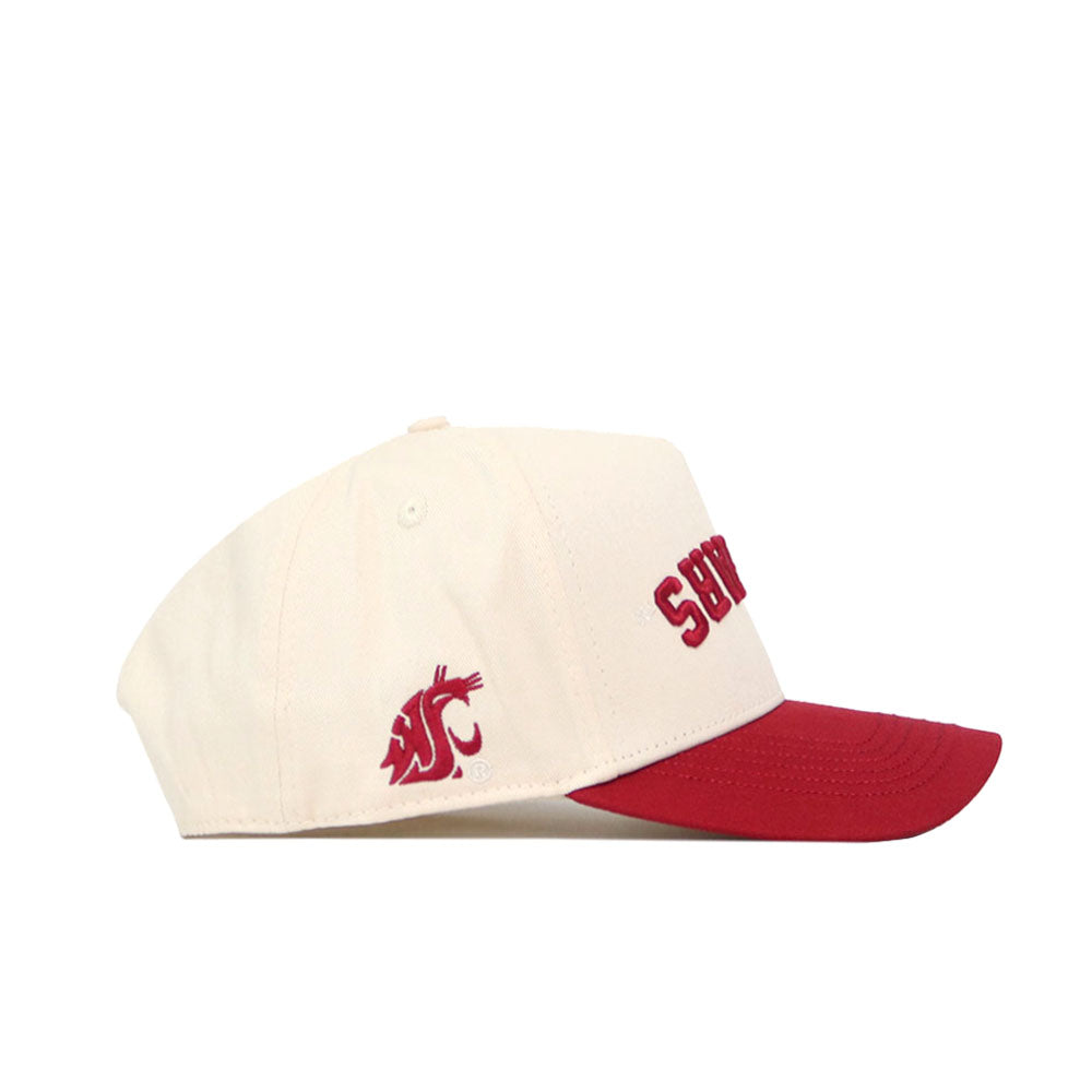 The No Rivals Upside Down Cougars Hat - Washington State is a cream snapback cap with a red brim, red STATE text on the front, and an official WSU cougar logo embroidered on the side.