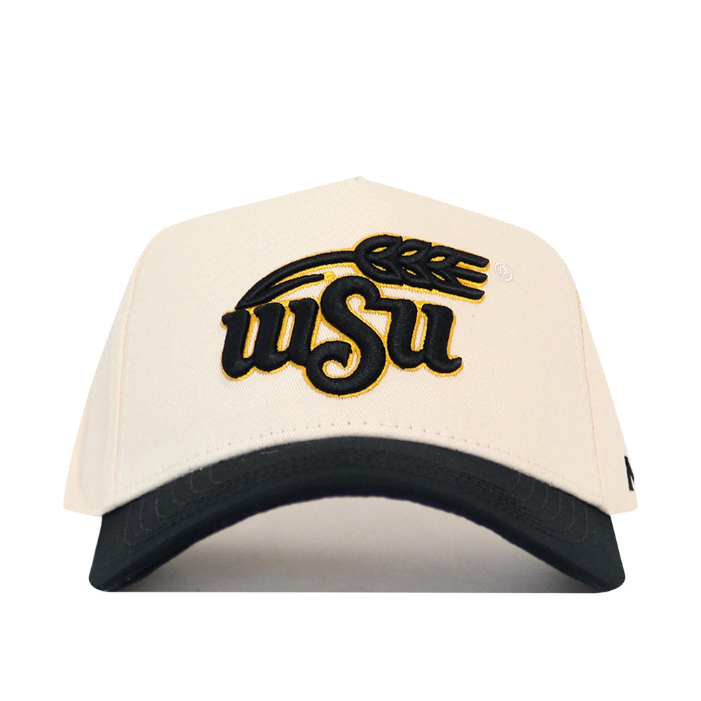 The Wichita State Patch Hat by No Rivals is a cream snapback with a black bill, embroidered black and gold WSU logo with wheat, made from high quality cotton and officially licensed.