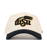 The Wichita State Patch Hat by No Rivals is a cream snapback with a black bill, embroidered black and gold WSU logo with wheat, made from high quality cotton and officially licensed.