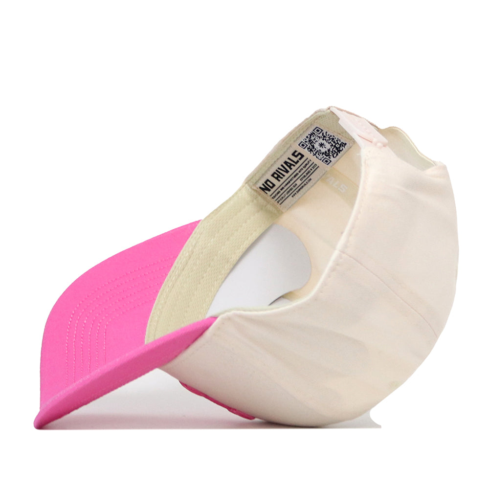 The No Rivals Michigan Pink Out Hat, an officially licensed snapback in pink and white, lies on its side to reveal the inner label and detailed stitching inside the brim.