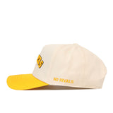 The Right Side Up Wichita State Hat - Classic Colors by No Rivals is a cream snapback with a yellow brim, NO RIVALS stitched in yellow above the brim, and bold yellow and black text on the front for gameday style.