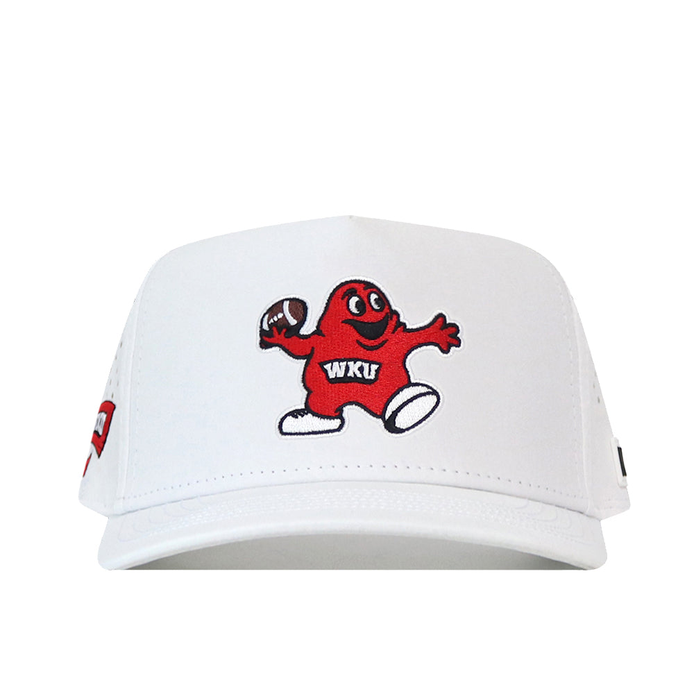 The No Rivals Western Kentucky Football Mascot Hat in white features an embroidered red cartoon mascot holding a football with “WKU” on its chest, stitched prominently on the front.