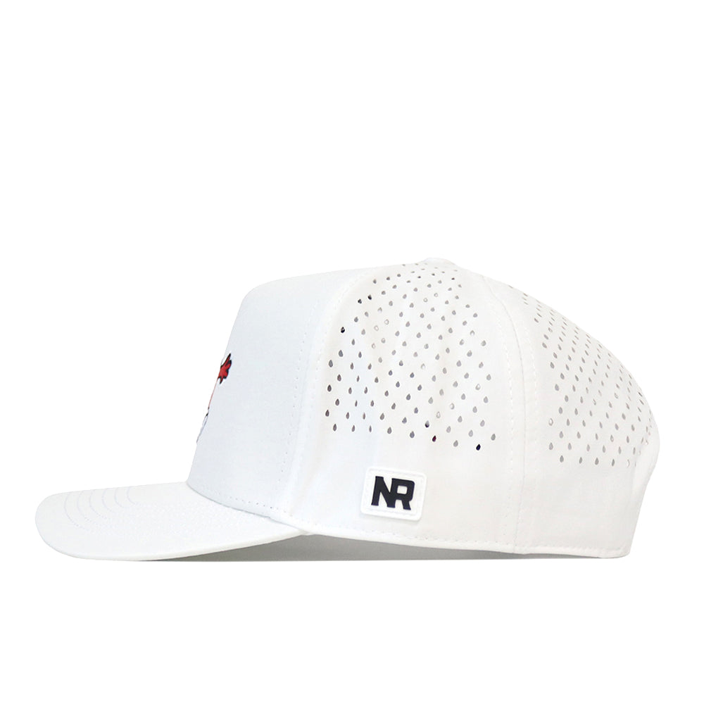 The Western Kentucky Football Mascot Hat in white by No Rivals is shown in a side view, featuring small ventilation holes on the back panels and an NR logo patch on the side. The front of the cap displays an embroidered design, while its snapback closure provides a comfortable, adjustable fit.