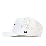 The Western Kentucky Football Mascot Hat in white by No Rivals is shown in a side view, featuring small ventilation holes on the back panels and an NR logo patch on the side. The front of the cap displays an embroidered design, while its snapback closure provides a comfortable, adjustable fit.