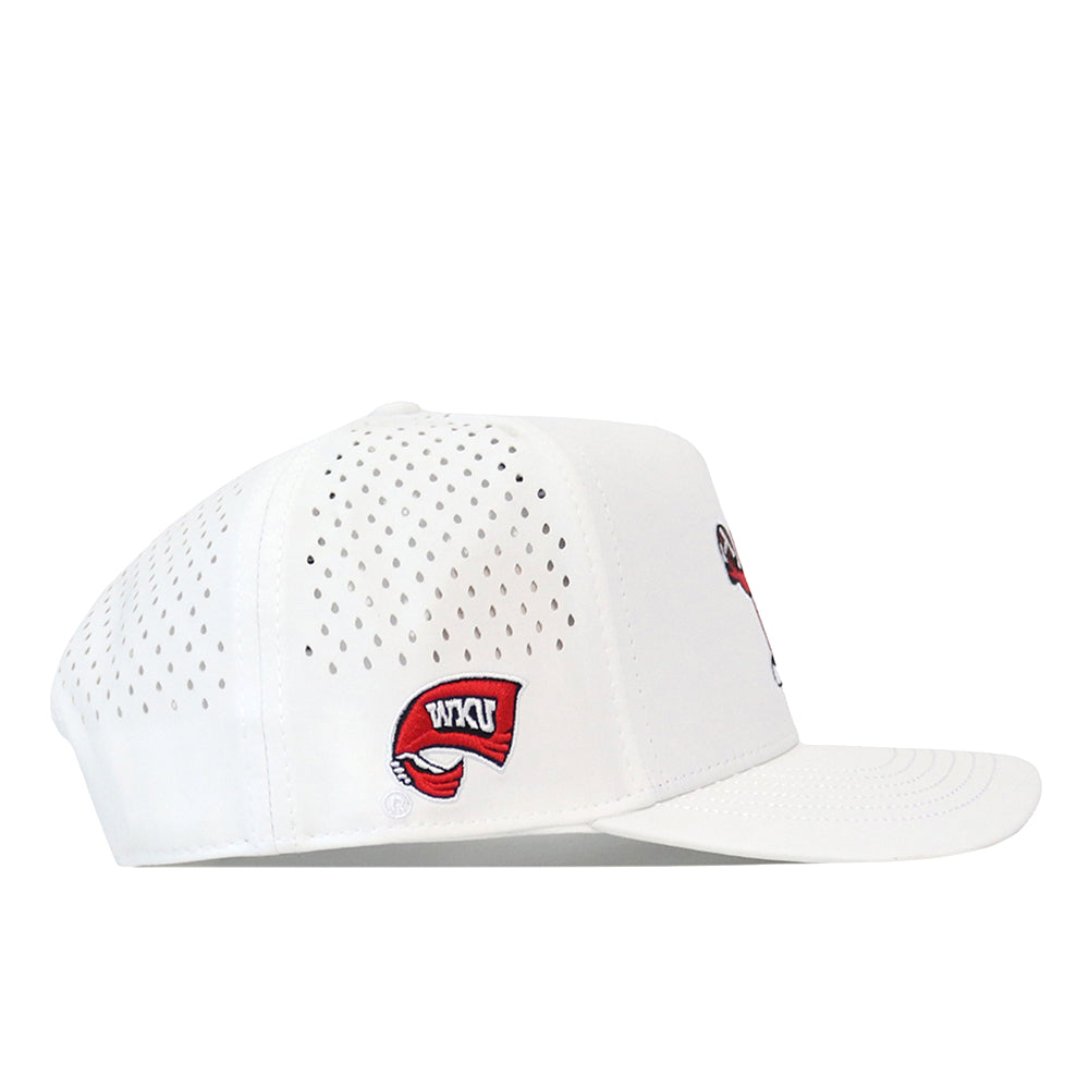 No Rivals’ Western Kentucky Football Mascot Hat in white is made from performance fabric, featuring side ventilation holes, a flat brim, and the signature WKU red towel logo embroidered above the left ear.
