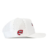 No Rivals’ Western Kentucky Football Mascot Hat in white is made from performance fabric, featuring side ventilation holes, a flat brim, and the signature WKU red towel logo embroidered above the left ear.