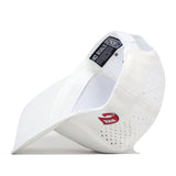 A Western Kentucky Football Mascot Hat by No Rivals, in white performance fabric, positioned on its side to showcase the inside label, ventilation holes, and a small red and white embroidered logo on the back.