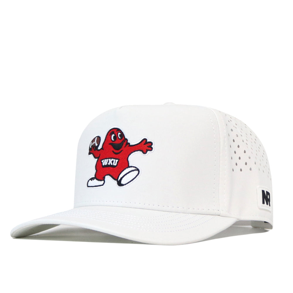 The Western Kentucky Football Mascot Hat - White by No Rivals showcases a red cartoon mascot holding a football with WKU on its chest. Made from performance fabric, this cap features perforated side panels for breathability, a small NR embroidered logo on the side, and an adjustable snapback closure for a comfortable fit.