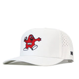 The Western Kentucky Football Mascot Hat - White by No Rivals showcases a red cartoon mascot holding a football with WKU on its chest. Made from performance fabric, this cap features perforated side panels for breathability, a small NR embroidered logo on the side, and an adjustable snapback closure for a comfortable fit.