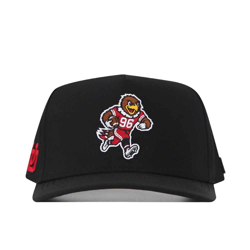 The No Rivals Utah Utes Football Mascot Hat in black features an embroidered cartoon bear in a football uniform on the front and a red embroidered logo on the side.