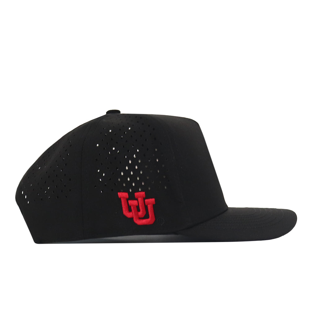 Introducing the Utah Utes Football Mascot Hat by No Rivals—a black cap made from performance fabric, featuring a flat brim, perforated side panels for breathability, and a bold red embroidered interlocking UU logo on the front left side. The adjustable snap back closure ensures a comfortable fit.