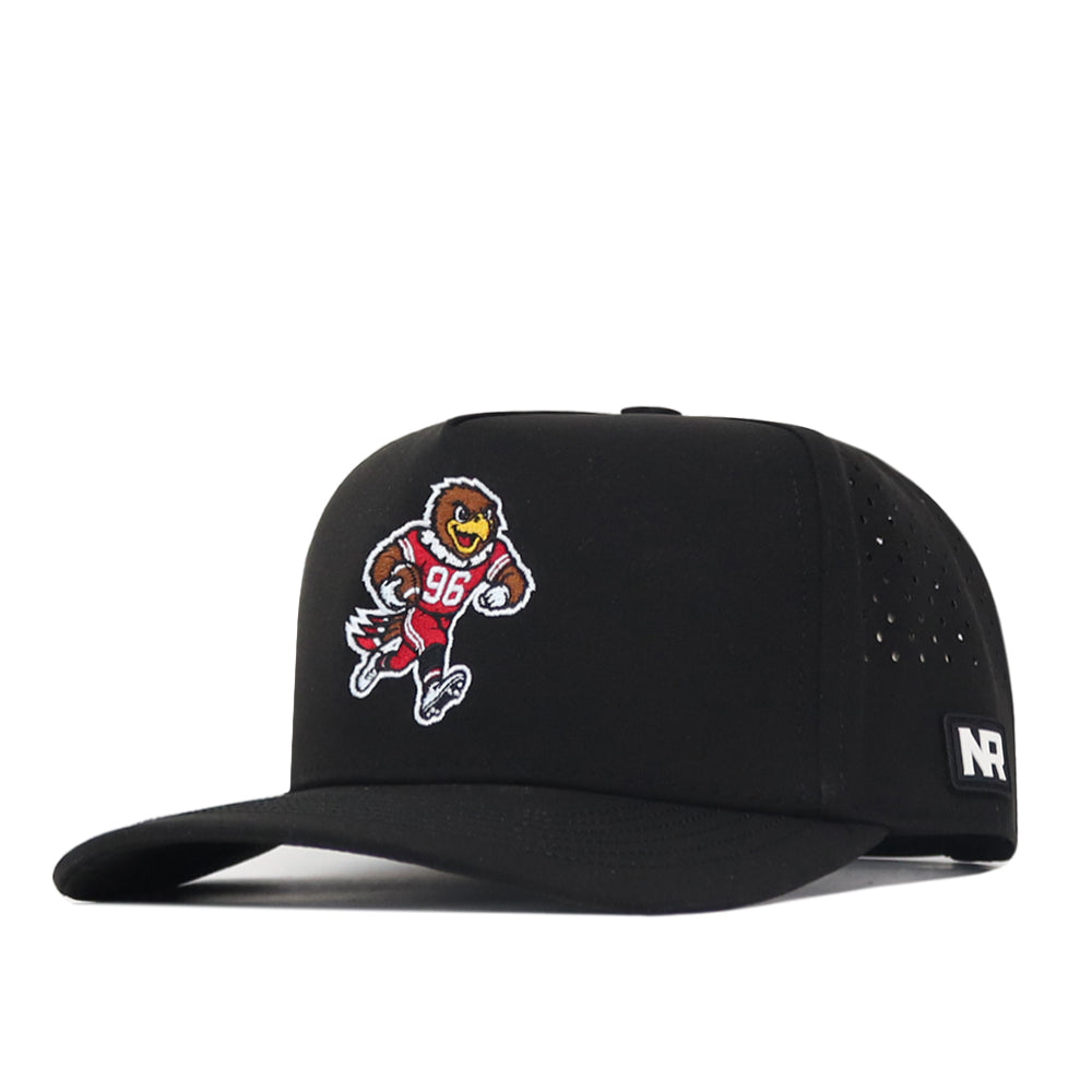 The Utah Utes Football Mascot Hat - Black by No Rivals is a black baseball cap featuring an embroidered cartoon bear in a red jersey with the number 96 on the front, an embroidered NR logo patch on the side, and a classic snap back closure for an adjustable fit.