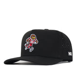 The Utah Utes Football Mascot Hat - Black by No Rivals is a black baseball cap featuring an embroidered cartoon bear in a red jersey with the number 96 on the front, an embroidered NR logo patch on the side, and a classic snap back closure for an adjustable fit.