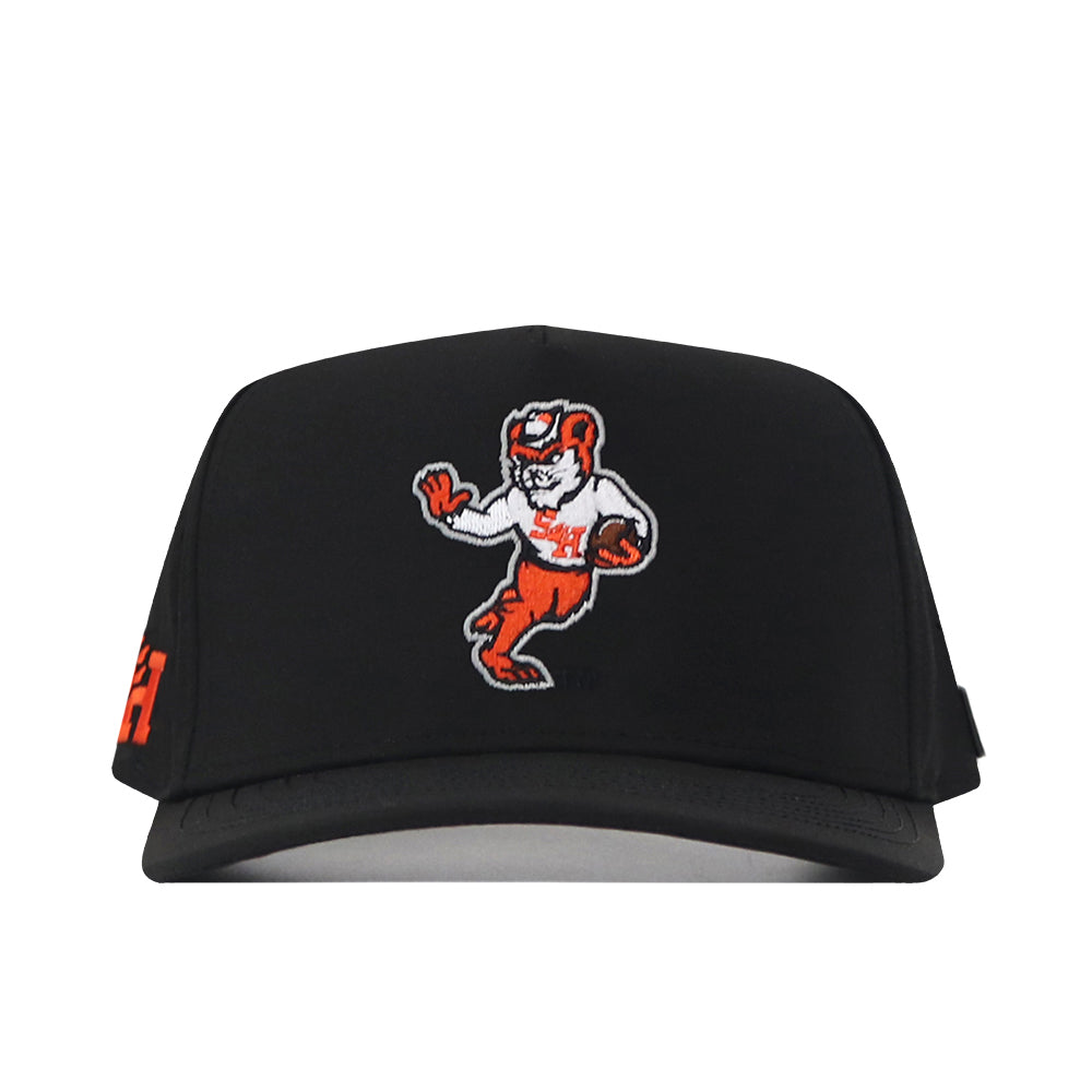 The Sam Houston State Football Sammy Hat - Black by No Rivals is a performance fabric baseball cap featuring an embroidered cartoon orange and white bearcat mascot in an athletic pose, wearing a red SH cap on the front. Designed for comfort, this hat comes with a snap back adjustment for a perfect fit.