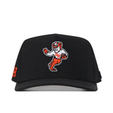 The Sam Houston State Football Sammy Hat - Black by No Rivals is a performance fabric baseball cap featuring an embroidered cartoon orange and white bearcat mascot in an athletic pose, wearing a red SH cap on the front. Designed for comfort, this hat comes with a snap back adjustment for a perfect fit.
