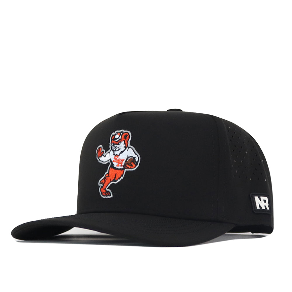 The No Rivals Sam Houston State Football Sammy Hat - Black features a flat brim and performance fabric, showcasing an embroidered orange and white cartoon animal mascot on the front, a small NR logo patch on the side, and a snap back closure for a customizable fit.