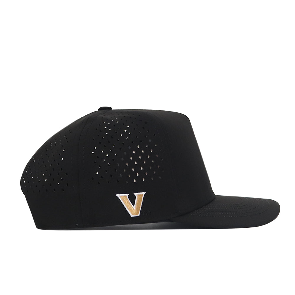 The Vanderbilt Commodores Football Mascot Hat - Black by No Rivals is a flat-brim snap back cap made from lightweight performance fabric, featuring small perforated side holes for enhanced breathability and a gold and white embroidered V logo above the side panel.