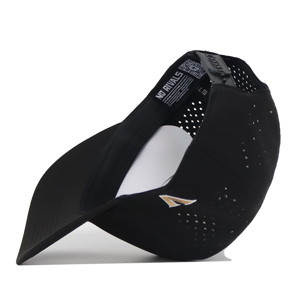 The No Rivals Vanderbilt Commodores Football Mascot Hat in black is a performance fabric baseball cap with a curved brim and laser-cut ventilation holes, shown from the back and inside. It features an adjustable strap at the back for a custom fit and is finished with a small silver logo on the side.