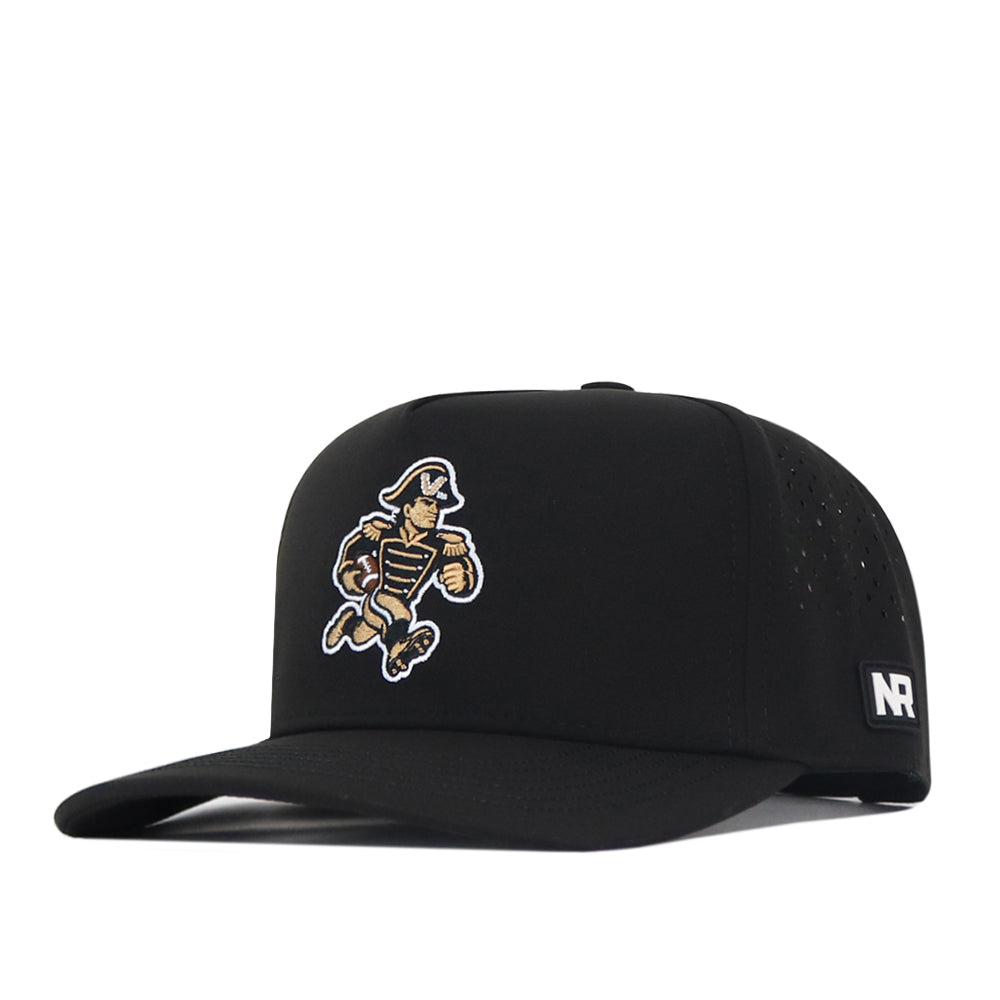 The Vanderbilt Commodores Football Mascot Hat by No Rivals is a black baseball cap featuring an embroidered running soldier mascot on the front and a small rectangular NR logo patch on the side. It has a flat brim, perforated side panels, and is crafted from performance fabric with an adjustable snap back for comfort.