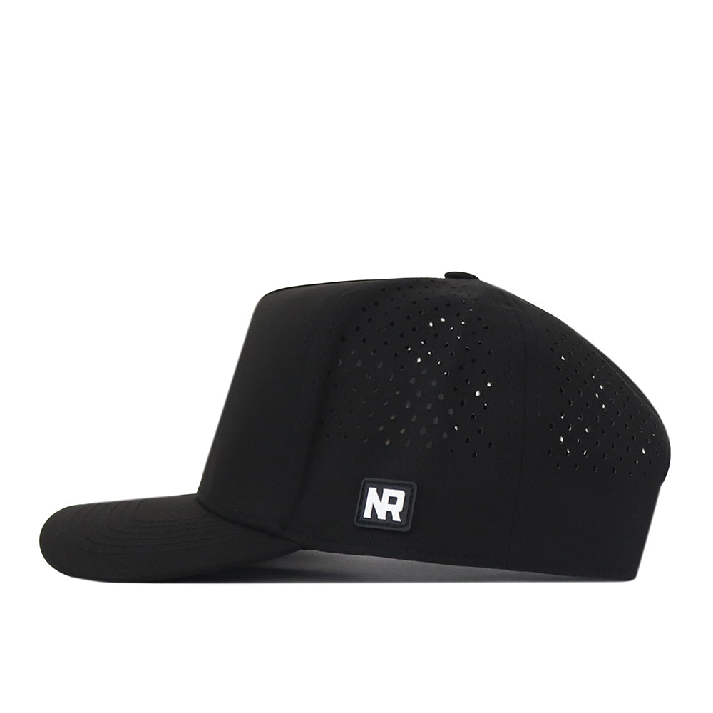 A black BYU Cougars Football Mascot Hat by No Rivals, featuring small ventilation holes and a rectangular patch with “NR” on the side. Made from performance fabric, this hat is displayed in a left side profile against a white background.
