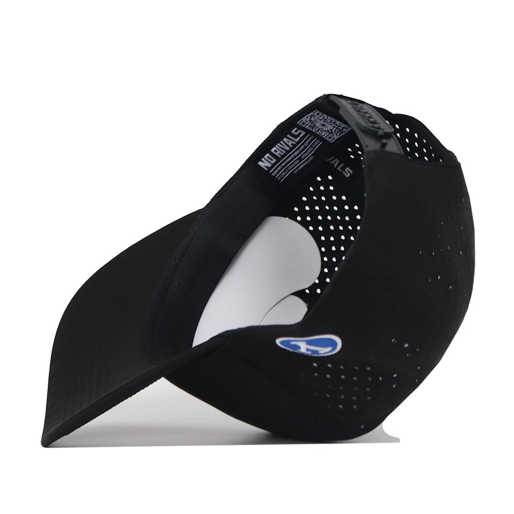 The BYU Cougars Football Mascot Hat by No Rivals is displayed upside down to highlight its interior features, such as the labels and ventilated mesh design. Made with performance fabric for superior breathability and comfort, this black cap also showcases a blue and white embroidered logo on the side.