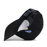 The BYU Cougars Football Mascot Hat by No Rivals is displayed upside down to highlight its interior features, such as the labels and ventilated mesh design. Made with performance fabric for superior breathability and comfort, this black cap also showcases a blue and white embroidered logo on the side.