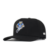 A black BYU Cougars Football Mascot Hat by No Rivals, featuring the BYU cougar mascot running with a football and a small NR embroidered logo patch on the side.